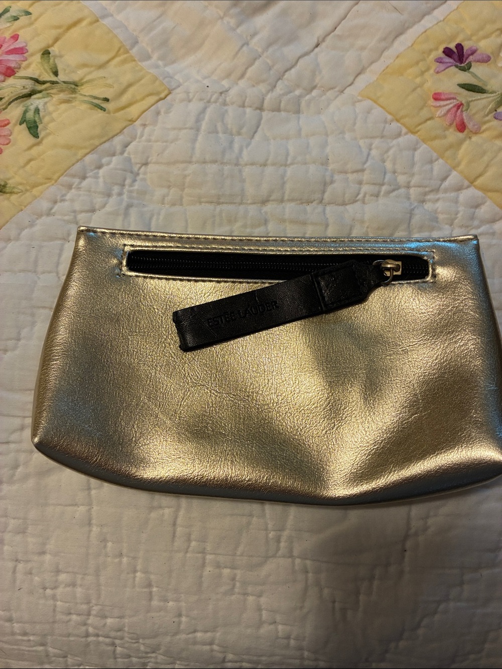Estee Lauder Metallic Gold Cosmetic Pouch with Black Zip Pull